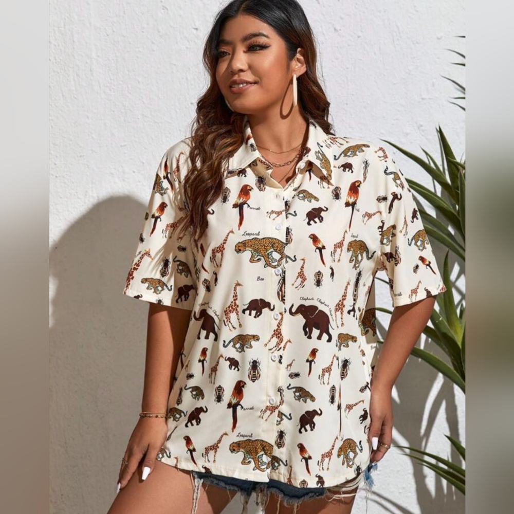 SHEIN VCAY Plus Animal Print Drop Shoulder Shirt